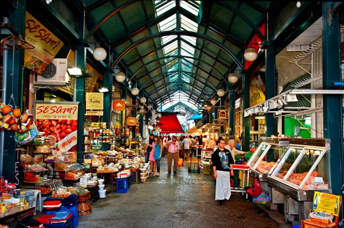 Vibrant stalls at Kapani Market in Thessaloniki, Macedonia, Greece.