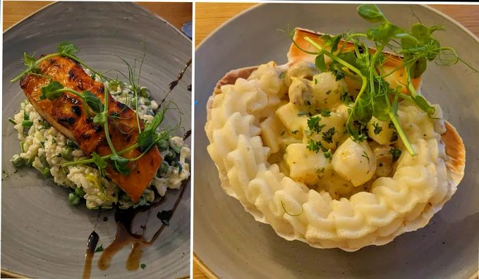 Elegant plating of scallops and salmon at a fine dining restaurant in Scotland