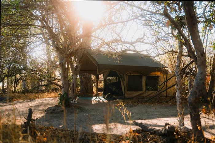 The exterior of a simple camp tent in Botswana