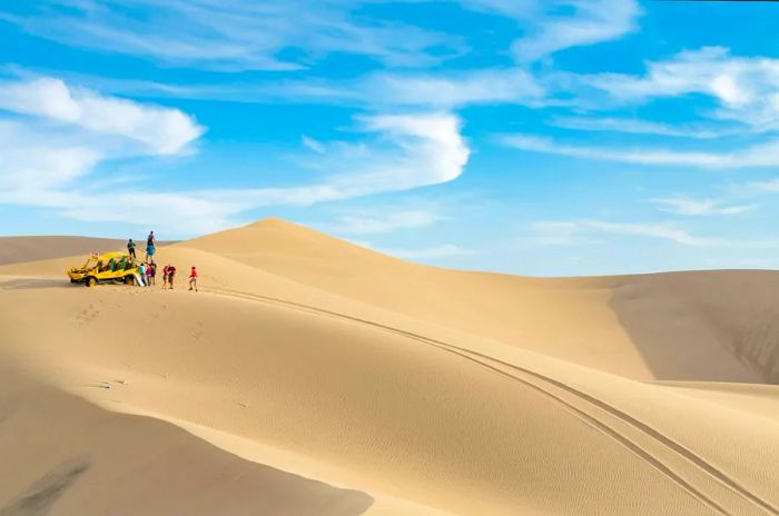 People gather around a dune buggy on expansive sand dunes.