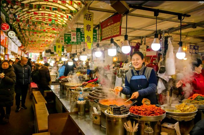 A street food vendor in a market in Seoul