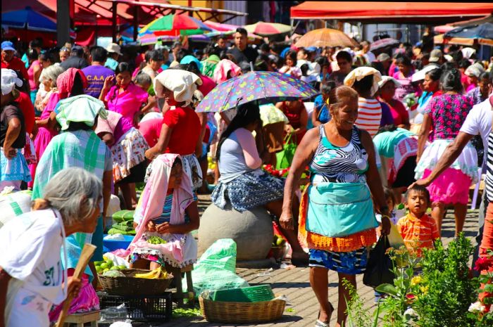 A bustling market scene in Nahuizalco, El Salvador