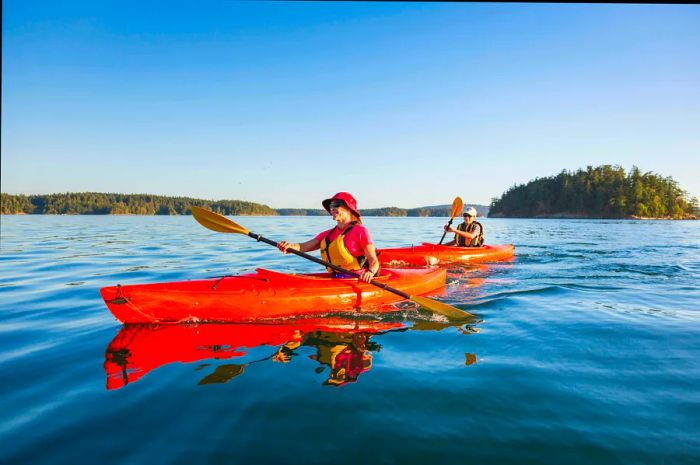 Two individuals kayaking in Deer Harbor, Orcas Island, Washington