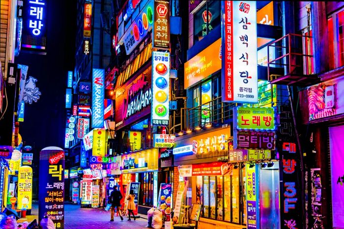 A nighttime view of a street in Seoul