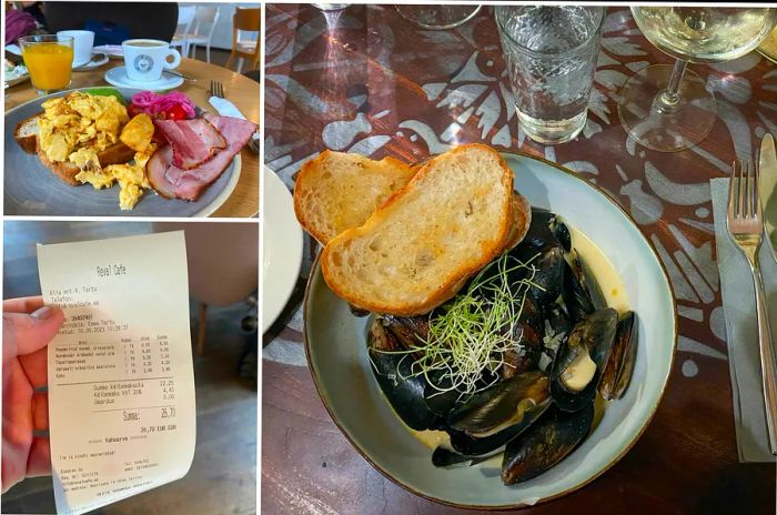 Dining in Tartu: a breakfast featuring eggs and bacon, followed by a dinner of blue mussels in white wine sauce.