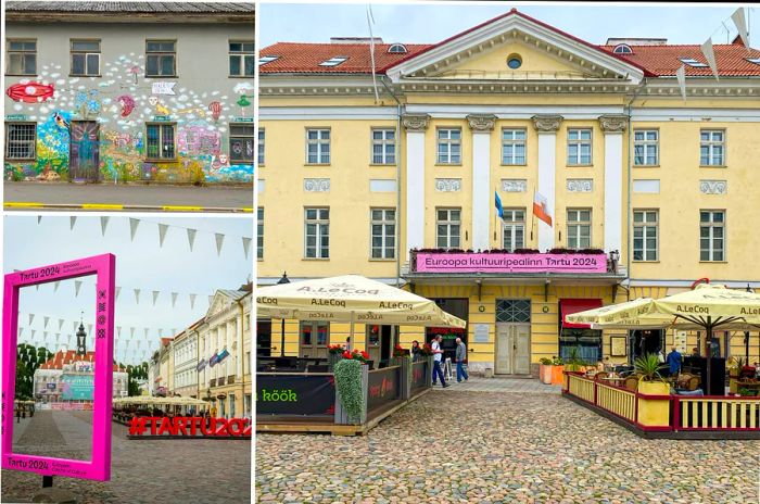 Tartu's vibrant Town Hall surrounded by downtown buildings adorned with street art.