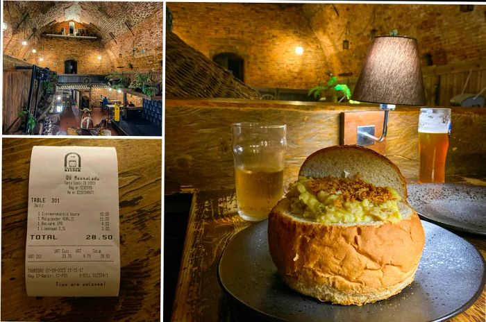 A collage showcasing images from Tartu's Gunpowder Cellar, featuring Mulgipuder, a traditional southern Estonian dish made with potatoes, pearl barley, and bacon.