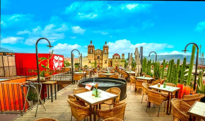 An outdoor restaurant with tables and chairs, featuring a stunning view of a large church building