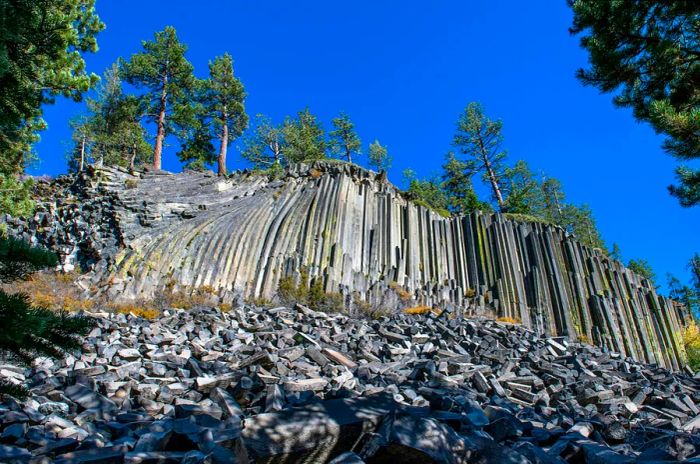 A dramatic cliff of basalt columns rises from the rocky ground at Devils Postpile National Monument.