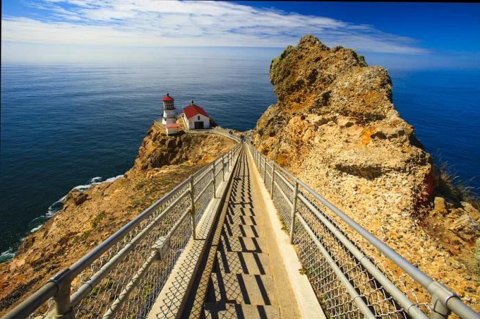 A sweeping view of the pathway leading up to the lighthouse at Point Reyes National Seashore, Marin County, California, USA.