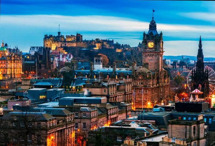 A panoramic view of Edinburgh, beginning with the elegant Georgian New Town and transitioning into the historic Medieval Old Town.