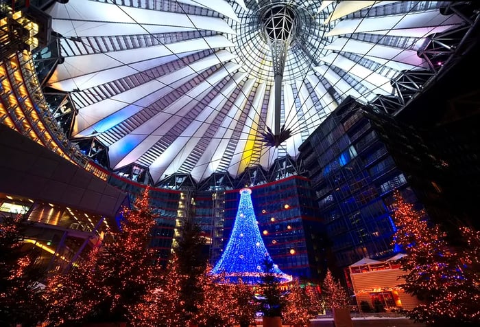 Berlin's Christmas market illuminated at night in the Sony Center