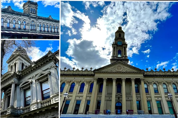 Exterior views of Melbourne Town Hall and the Patross Knitting Mills Building