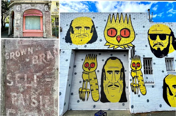 A collage of photos featuring an abandoned building in Melbourne with weathered signage, alongside a wall adorned with street art