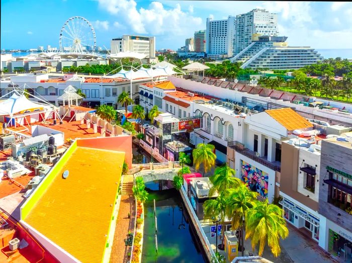 An aerial view showcasing the vibrant La Isla shopping mall in Cancún.