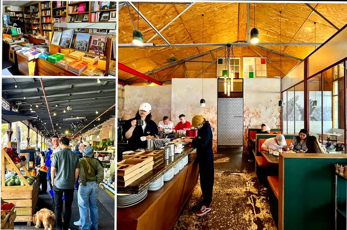 A daily glimpse into Melbourne life featuring an interior shot of a chic café, a bustling street market, and a cozy bookstore