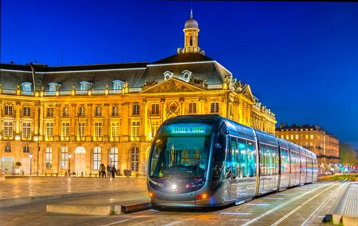 A tram on Place de la Bourse in Bordeaux, Aquitaine, France