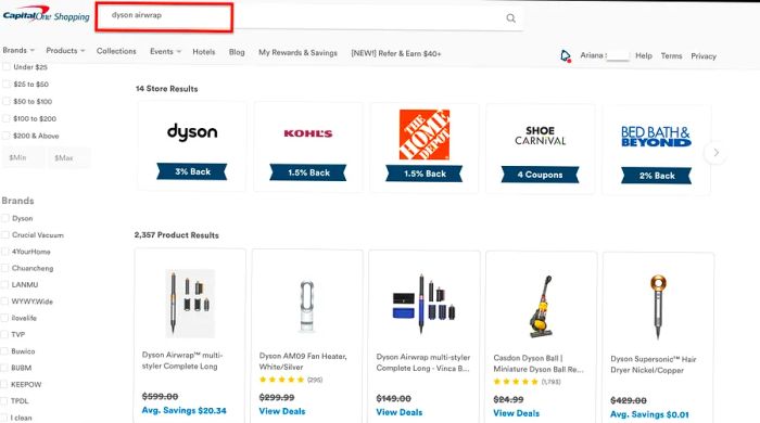 Results page of Capital One Shopping