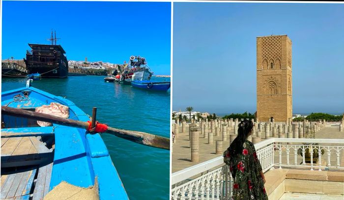 L: Deepa navigates a canoe on Bou Regreg. R: Deepa poses on the terrace of the Hassan Tower in Rabat.