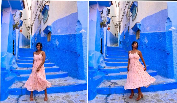 Deepa Lakshmin from Dinogo Planet poses in a pink dress against Chefchaouen's iconic blue walls.