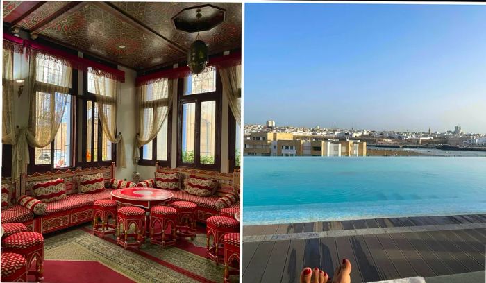 L: A traditionally styled lounge area within a Moroccan medina. R: Deepa poses next to a swimming pool.