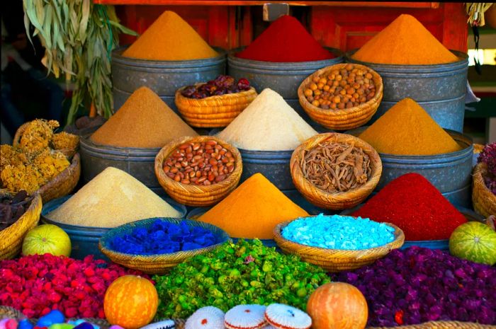 A vibrant spice shop in the medina of Marrakesh, Morocco