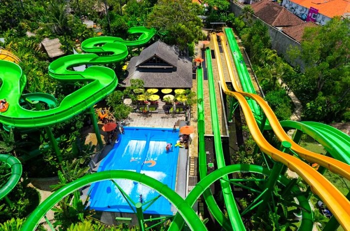 Thrilling coasters, water slides, and rides at a water park