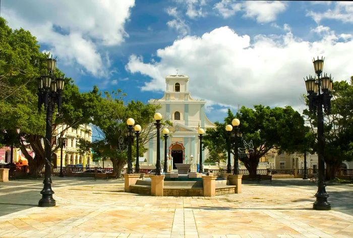 The central public square and church in Arecibo, Puerto Rico