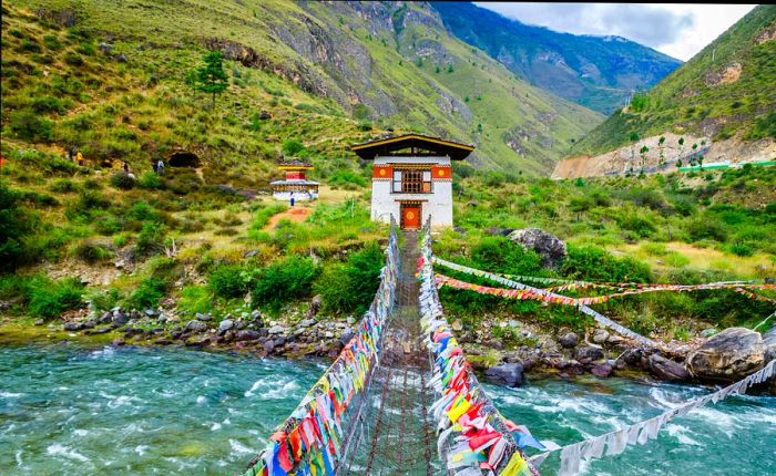 Tamchog Lhakhang Monastery's Iron Chain Bridge over the Paro River, Bhutan