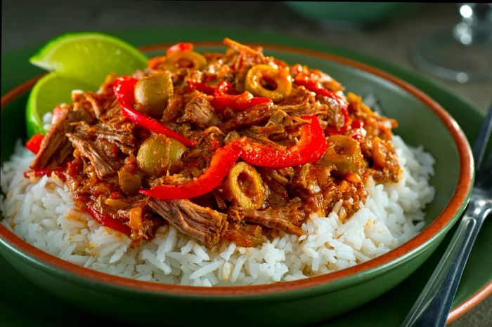 A serving of ropa vieja, a beloved Cuban dish made from stewed beef