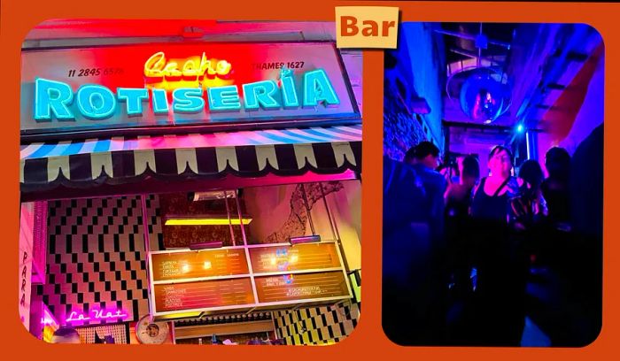 L: Neon-lit entrance of a retro bar in Buenos Aires. R: The author dancing in the softly lit bar.