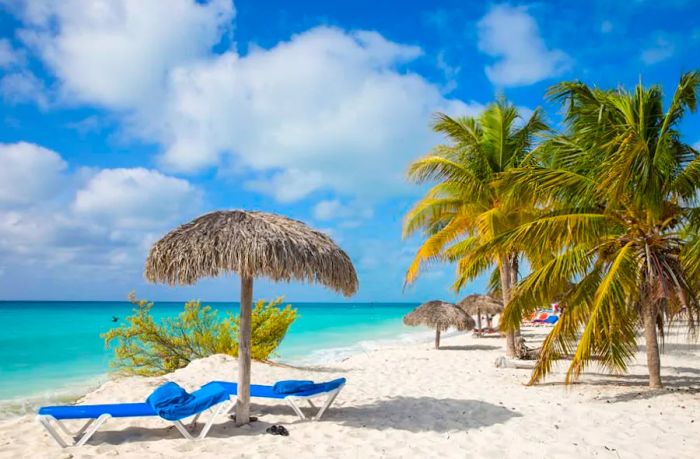 A few loungers are placed under a palm shade on the pristine white-sand beach of Playa Isla de la Juventud, Cuba