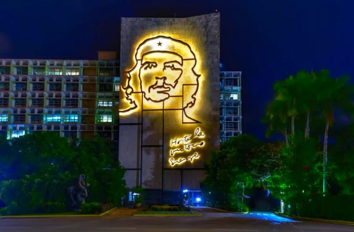 A striking portrait of Che Guevara adorns the Ministry of the Interior by Plaza de la Revolución in Havana, Cuba.