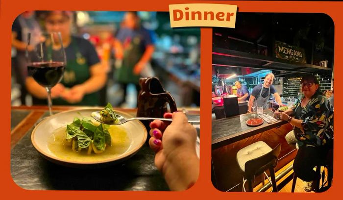 L: A diner enjoys a plate of pasta paired with a glass of wine in a restaurant. R: A diner smiles alongside a chef.