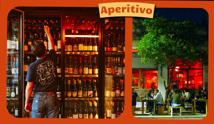 L: A man places a bottle of wine on a shelf in a Buenos Aires wine bar. R: Patrons relax on benches at a bar terrace, sipping wine.