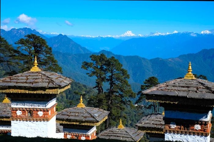 Stupas and mountain views at Dochu La Pass, Bhutan