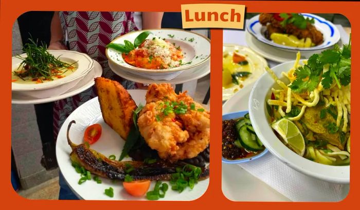 A collage showcasing Latin American and Asian fusion lunch dishes from a Buenos Aires restaurant