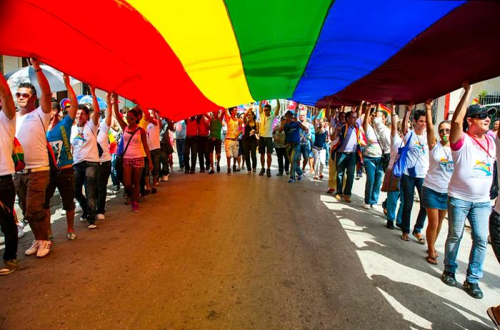 Marchers proudly display the Gay Pride rainbow flag as they parade down the street.