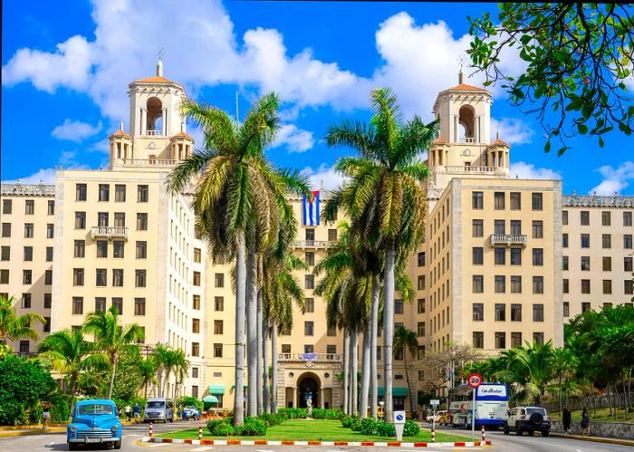 The facade of the historic Hotel Nacional on a sunny day in Havana, Cuba