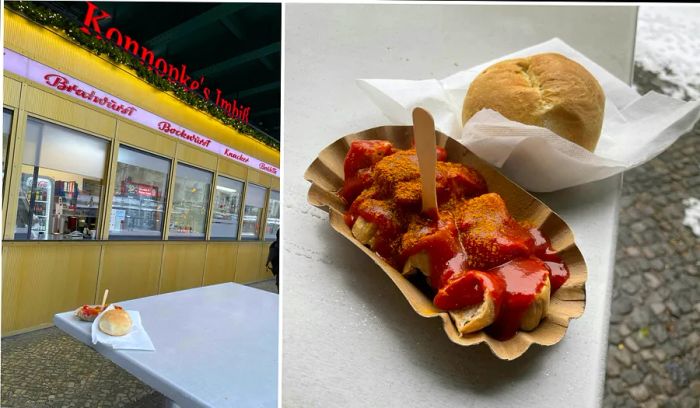 A casual Berlin restaurant featuring German-style sausages and buns on display