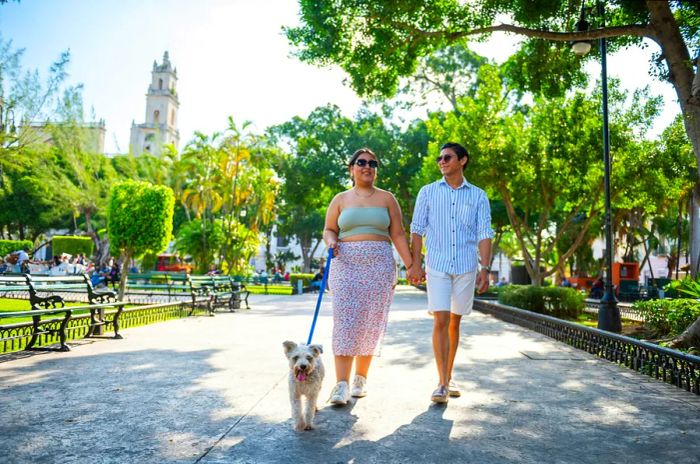 A young couple strolls with their dog near colonial buildings in Merida, Mexico, while holding hands.