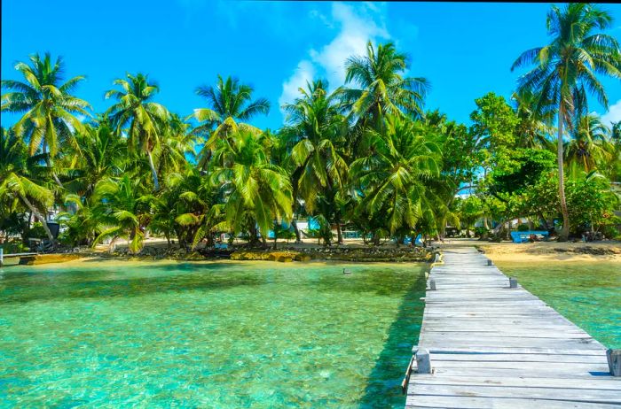 A wooden boardwalk stretches over shallow turquoise waters, leading to a palm-lined beach at Tobacco Caye, Belize.