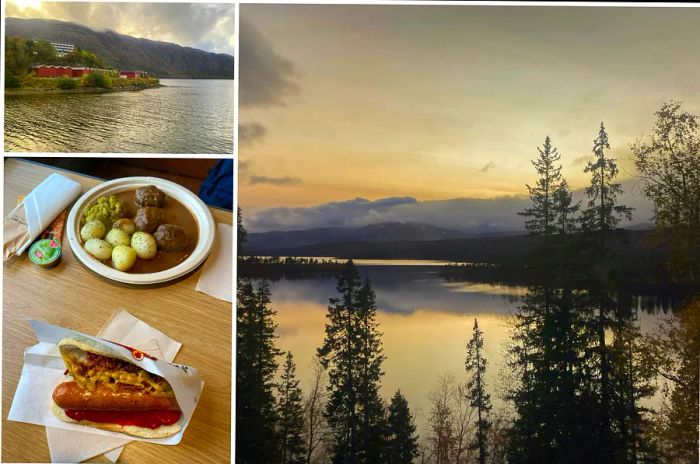 A collection of images capturing a train journey through the Arctic Circle, featuring a sunset over a lake and a meal onboard that included stew and a hot dog.