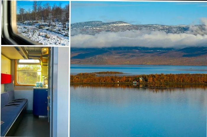 A collection of images capturing a train journey through the Arctic Circle, featuring snowy landscapes and a sleeper carriage.