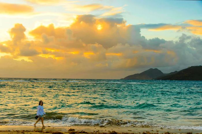 A barefoot woman strolls along a sandy beach as the sun begins to rise.