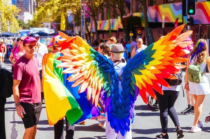 A carnival participant adorned for the parade, sporting elaborate, colorful wings on their back.