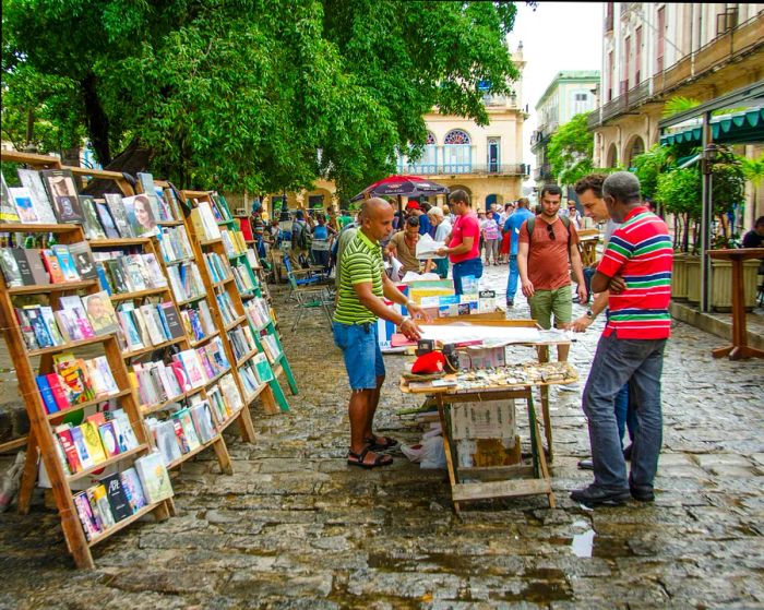 Visitors explore a stall at Plaza de Armas, browsing books, magazines, art, and antiques.