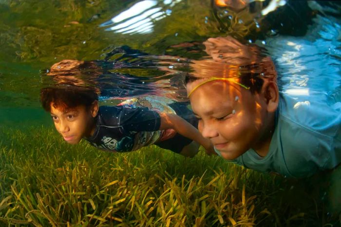 Two boys swimming underwater above seagrass in Roatán, Honduras