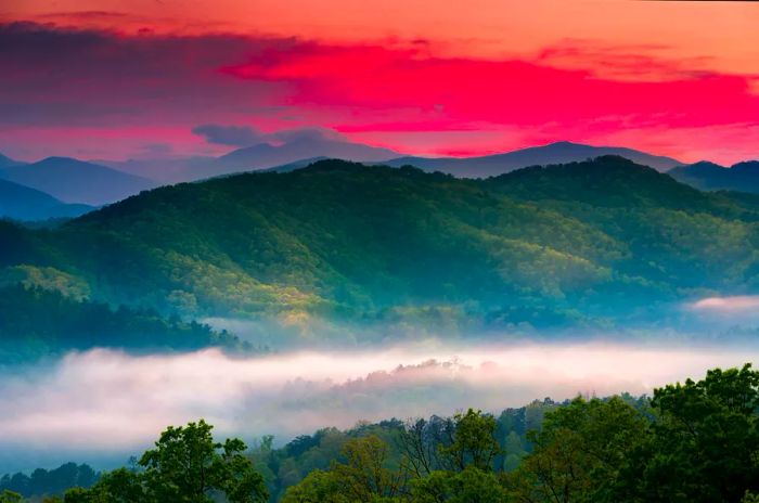 A breathtaking spring sunrise casts a misty layer over Great Smoky Mountains National Park