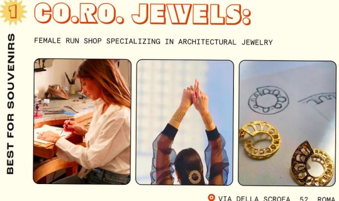 Close-up images from a jewelry boutique in Rome. Featured are the designer at her workspace, a detailed shot of a pair of earrings, and a woman showcasing bracelets.